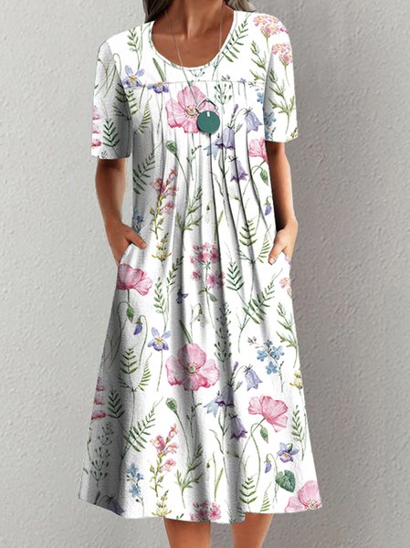 

Floral Casual Short Sleeve Woven Dress, White, Midi Dresses