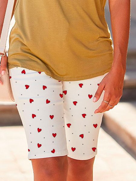

Casual Vacation Heart Printed Elastic Waist Shorts, White, Leggings