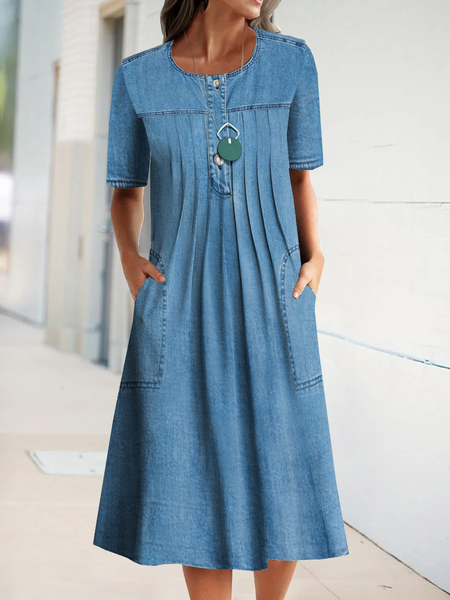 

Crew Neck Loosen Short Sleeve Woven Dress, Blue, Denim Dresses