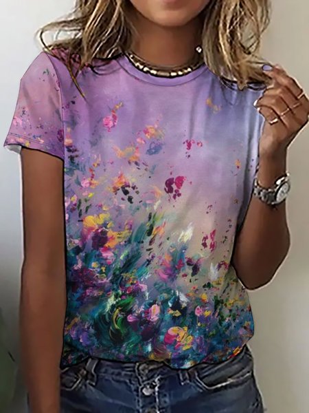 

Womens Fancy Flower Art Print Short Sleeve T-Shirt, As picture, T-shirts