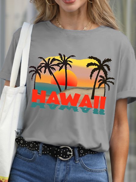 

Hawaii Casual Resort Coconut Tree Print Crew Neck T-Shirt, Gray, T-shirts