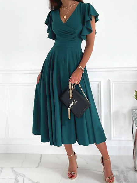 

Summer V neck Short sleeve Plain Regular Fit Short Sleeve Knit Dress, Darkgreen, Midi Dresses