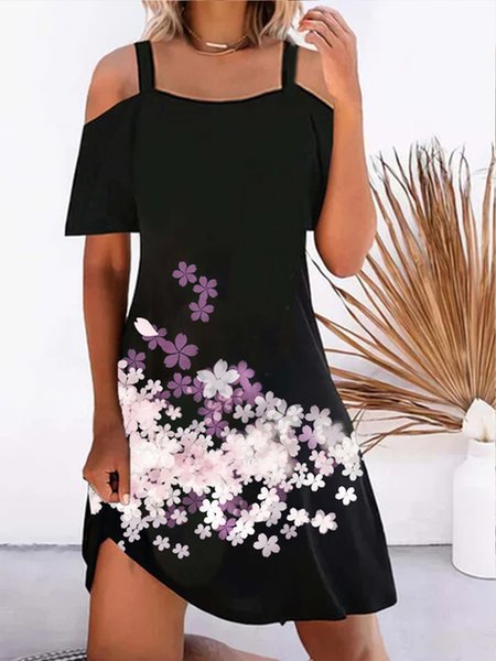 

Off Shoulder Floral Printed Holiday Daily Casual Black Mini Dress, Dresses