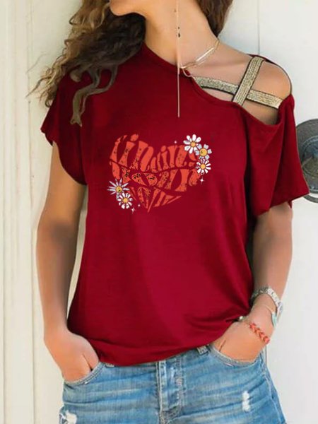 

One Shoulder Heart Loosen Short Sleeve Tops, Red, Shirts & Blouses