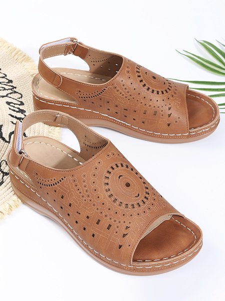 

JFN Ethnic Pattern Punched Hollow Velcro Vintage Sandals, Khaki, Sandals