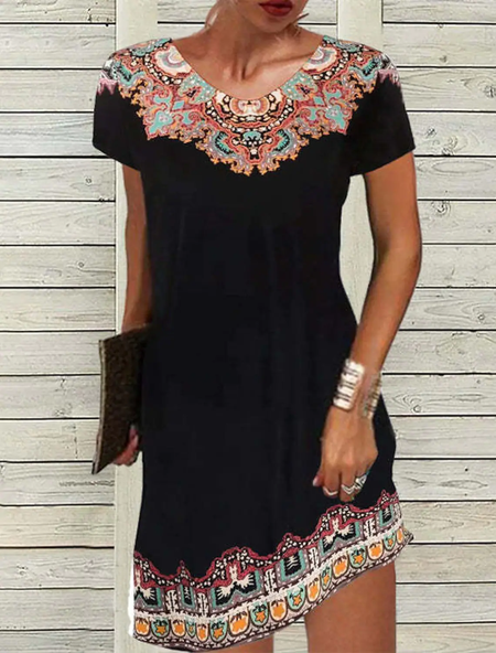 

Boho Regular Fit V Neck Short Sleeve Knit Dress, Black, Dresses
