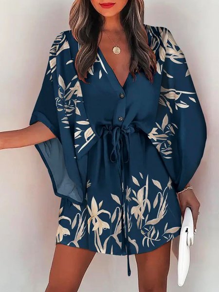 

Vacation V Neck Printed Short Sleeve Dress, Purplish blue, Mini Dresses