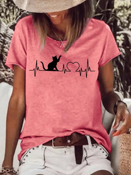 

Womens Cute Heartbeat Crew Neck Casual Short Sleeve Tops, Red, T-shirts