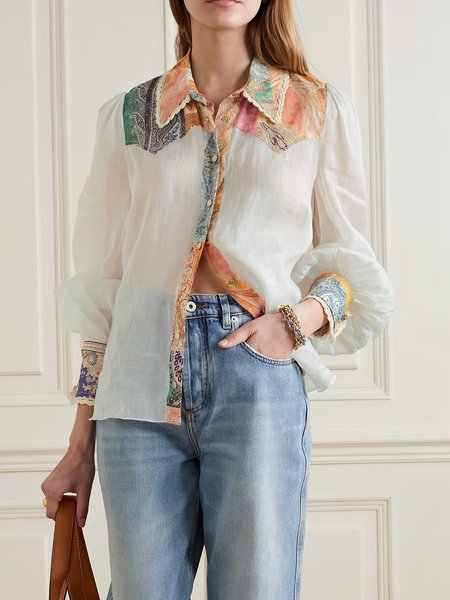 

Shirt Collar Tribal Casual Long Sleeve Blouse, White, Blouses and Shirts