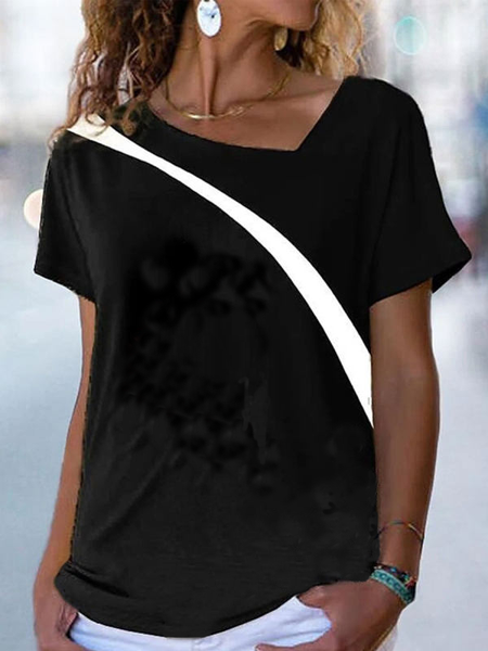 

Geometric Asymmetrical Neck Cotton Short Sleeve Tops, Black, T-Shirts