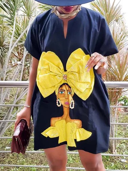 

Crew Neck Loosen Figure Short Sleeve Woven Dress, Dark blue, Mini Dresses