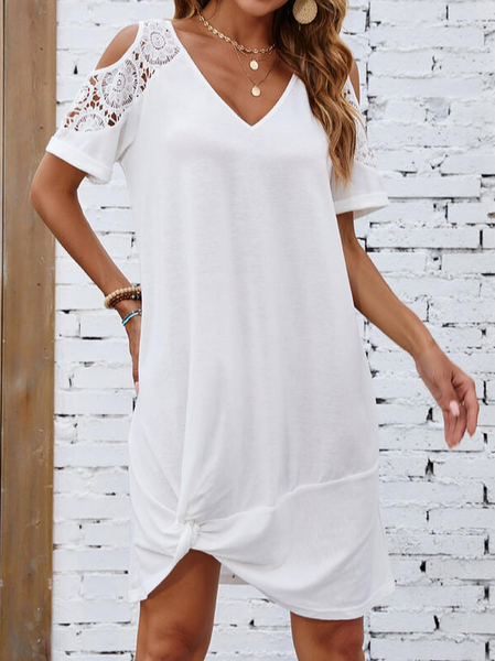

Plain V Neck Short Sleeve Knit Dress, White, Mini Dresses