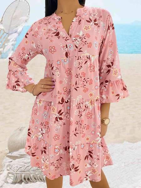 

Floral Vacation V Neck Short Sleeve Woven Dress, Pink, Mini Dresses