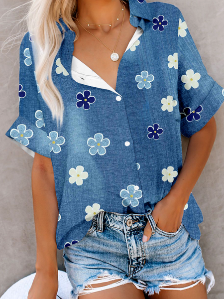 

Cute Floral Blue Gradient Print Casual Vintage Shirt Floral Short Sleeve Blouse, Blouses & Shirts