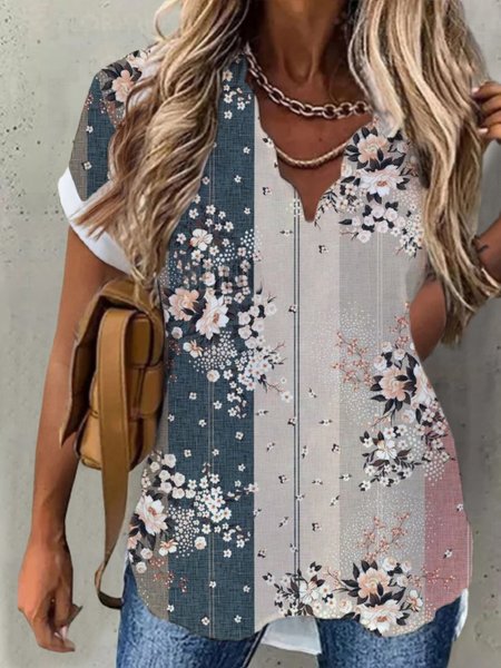 

Casual V neck Loosen Floral Short Sleeve Tops, Multicolor, Tops
