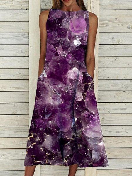 

Casual Crew Neck Loosen Printed Sleeveless Woven Dresses, Purple, Midi Dresses