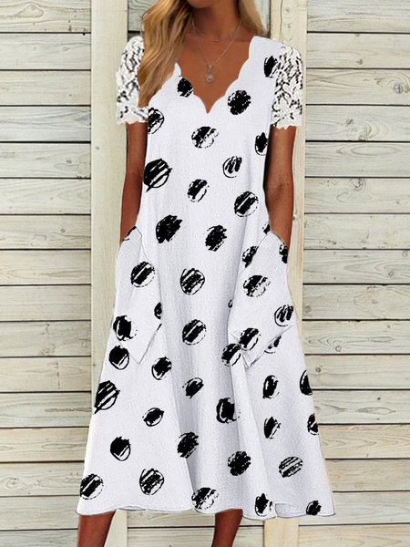 

Loosen V Neck Short Sleeve Woven Dress, White, Midi Dresses