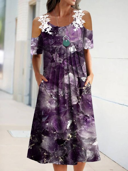 

Casual Round Neck Short Sleeve Dress, Purple, Midi Dresses