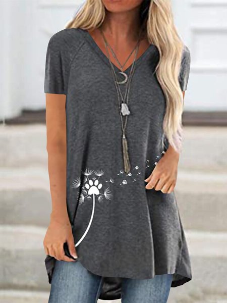 Loosen V Neck Casual Short Sleeve T-Shirt, Gray, T-Shirts
