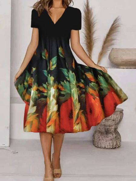 Floral V neck Casual Short Sleeve Knit Dress, Black, Mini Dresses