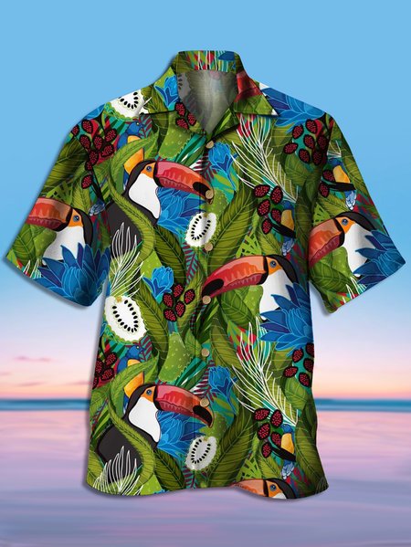

Mens Hawaiian Toucan Parrots Print Casual Breathable Short Sleeve Aloha Shirt, Green, Men's Floral shirt