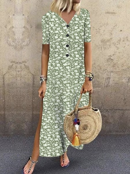 

Floral Short Sleeve Neck Plus Size Casual Woven Dress, Green, Maxi Dresses