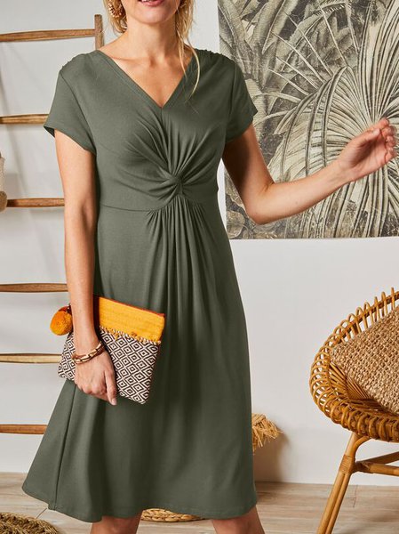 

Solid V Neck Casual Short Sleeve Knit Dress, Army green, Midi Dresses