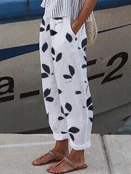 

Plus size Casual Leaves Printed Pants, White, Pants