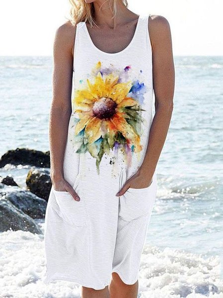

Sunflower Crew Neck Vacation Sleeveless Knitting Dresses, White, Dresses
