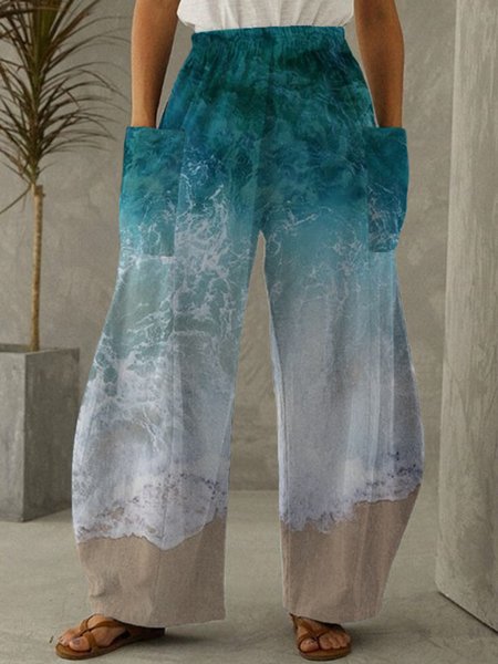 

Plus Size Casual Printed Pocket Loosen Pants, Blue, Pants