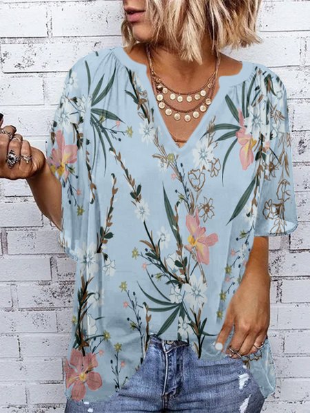 

Floral Short Sleeve Plus Size Casual Tops, Blue, Tops