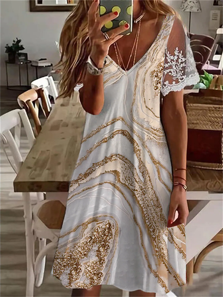 

V Neck Printed Short Sleeve Casual Knit Dress, Multicolor, Mini Dresses