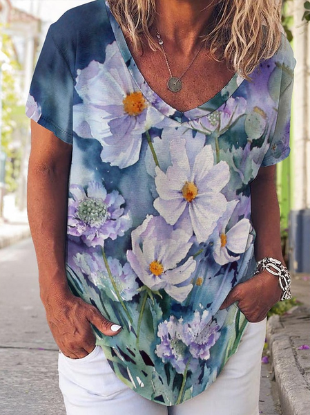 

Casual Simple Floral Print V-Neck Short Sleeve T-Shirt, As picture, T-shirts