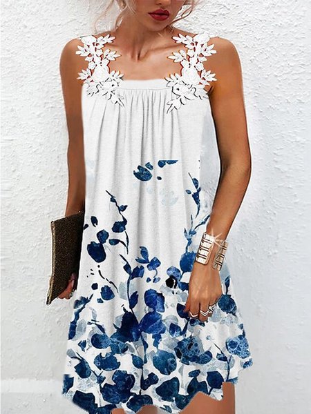 

Floral Casual Sleeveless Dresses, White, Mini Dresses