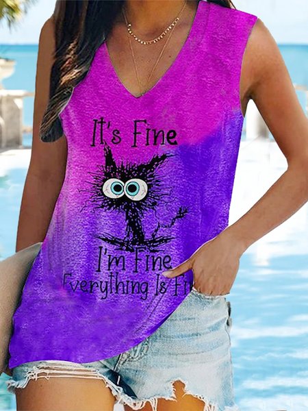 

It's Fine I'm Fine Everything Is Fine Printed Casual V-neck Tops, Purple, Tanks & Camis