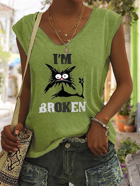 

Casual I'm Broken Letter Print Top, Green, Tanks & Camis