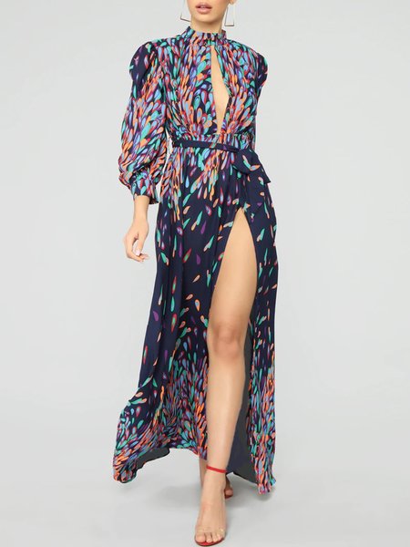

Elegant Stand Collar Vacation Printed Dress, Multicolor, Maxi Dresses