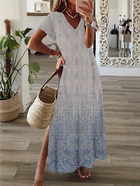 

Casual Cotton Blends Short Sleeve Knit Dress, Blue, Maxi Dresses