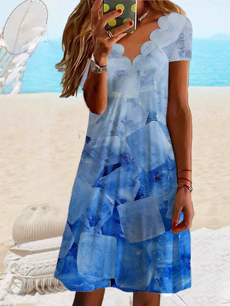 

Plus size Summer Vacation Printed Casual Short Sleeve Dress, Blue, Mini Dresses
