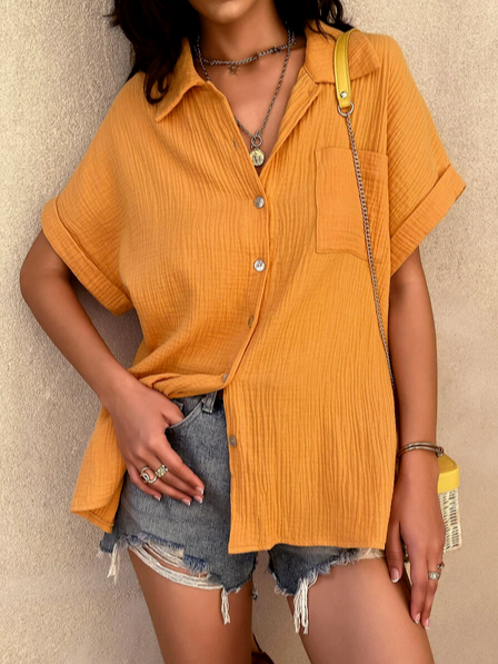 

Vacation Plain Short Sleeve Blouse, Yellow, Shirts & Blouses
