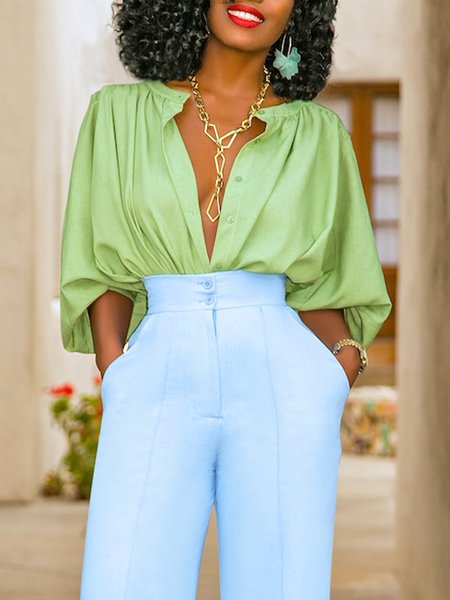 

Shirt Collar Casual Plain Mid Sleeve Blouse, Green, Blouses and Shirts