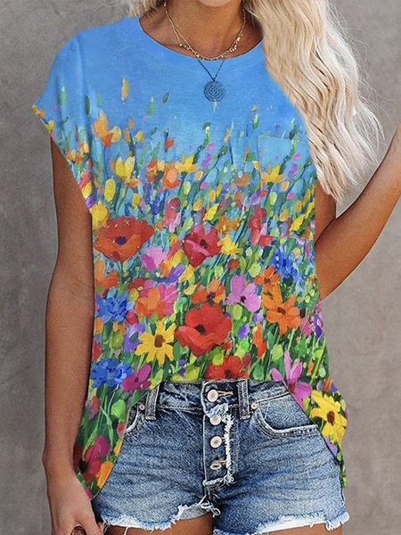 

Floral Crew Neck Short Sleeve Plus Size Casual T-Shirt, Blue, T-Shirts