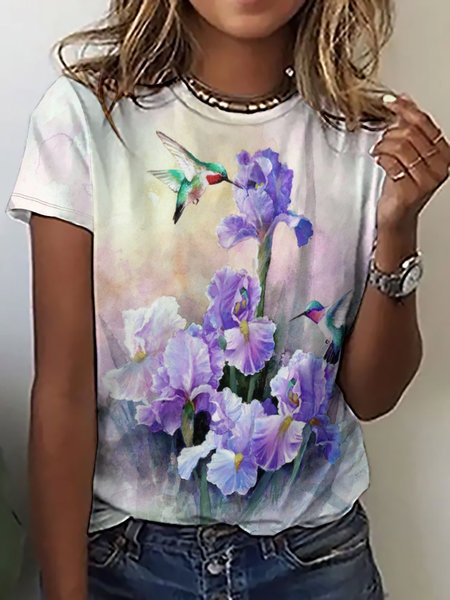 Casual Simple Floral Bird Print Crew Neck Short Sleeve T-Shirt, As picture, T-shirts