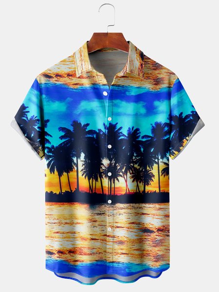 

Men's Botanical Print Casual Breathable Short Sleeve Hawaiian Shirt, Blue, Men's Floral shirt
