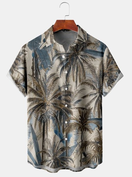 

Mens Coconut Print Hawaiian Short Sleeve Shirt Lapel Chest Pocket Top, Khaki, Short Sleeve Shirts