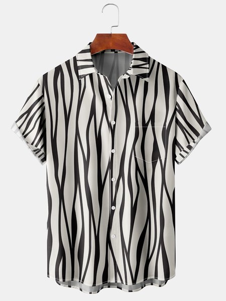 

Men's Geometric Stripe Print Casual Short Sleeve Hawaiian Shirt, Black, Men's Floral shirt