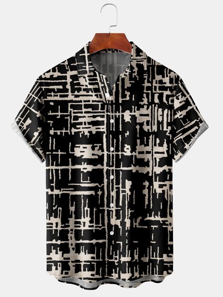 

Men's Geometric Line Print Casual Breathable Short Sleeve Hawaiian Shirt, Black, Men's Floral shirt