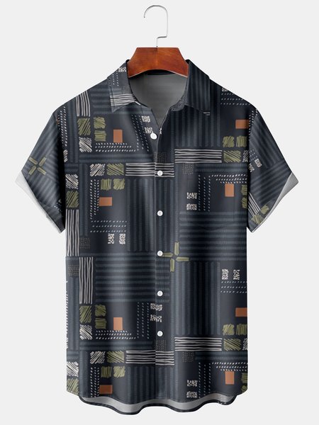 

Men's Geometric Line Print Casual Breathable Short Sleeve Hawaiian Shirt, Deep blue, Men's Floral shirt