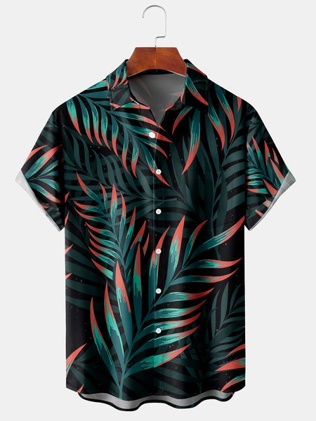 

Mens Retro Leaves Print Lapel Loose Short Sleeve Funky Hawaiian Shirts, Green, Men's Floral shirt