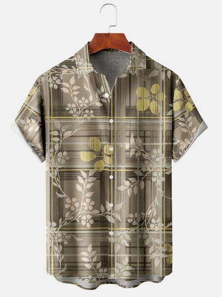 

Men's Geometric Print Casual Short Sleeve Hawaiian Shirt, Khaki, Men's Floral shirt